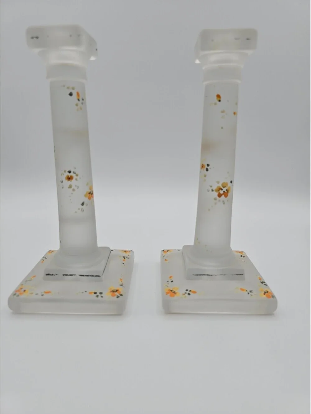 Vintage Hand Painted Satin Frosted Glass Candlestick Holders Pair Floral